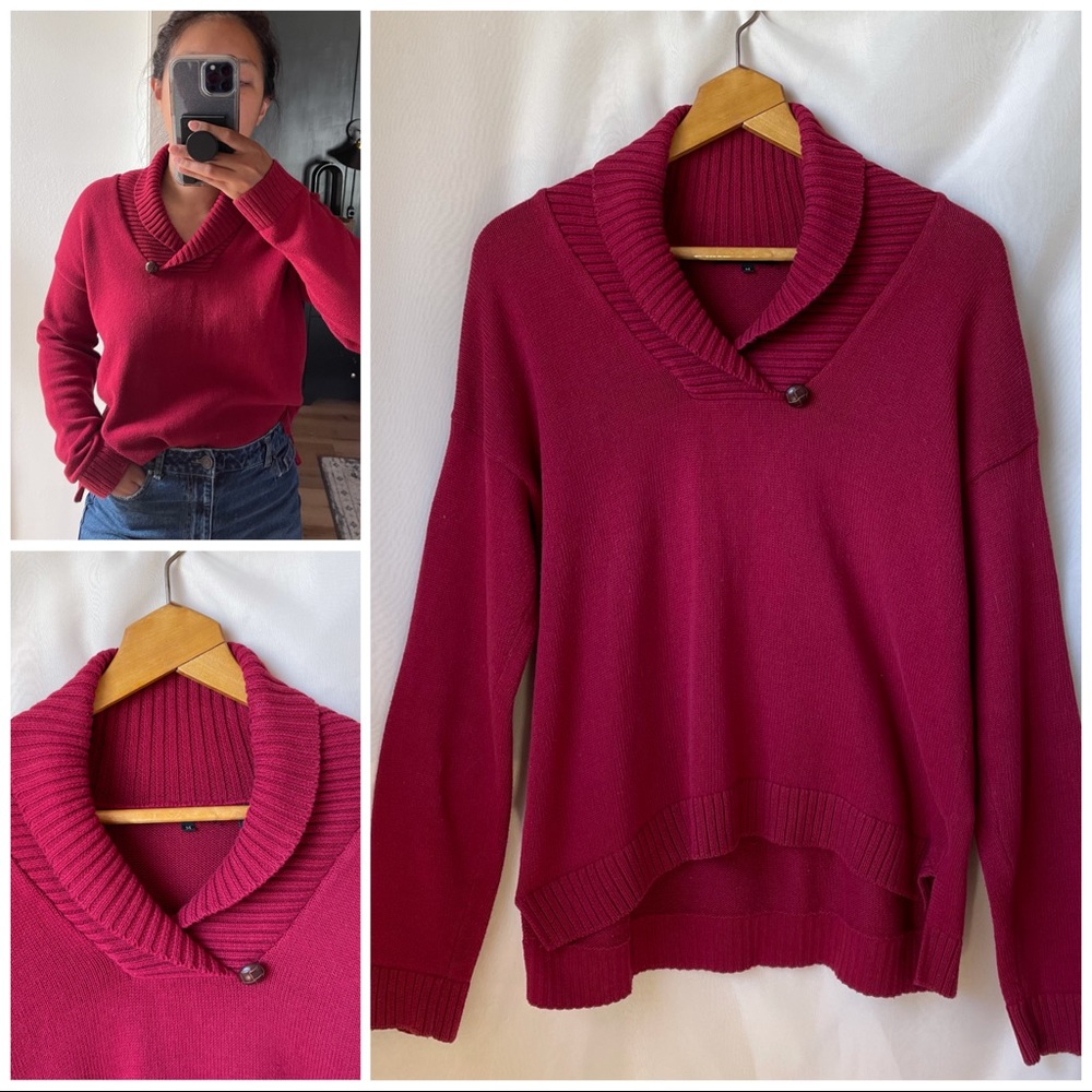JEANNE PIERRE Shawl collar burgundy red sweater